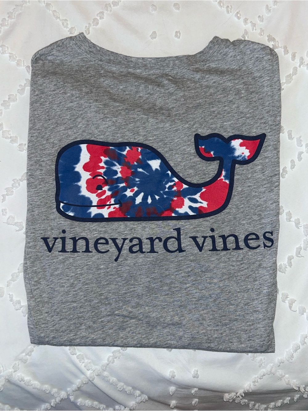 Vineyard Vines Grey Tee with Red, White & Blue Tie-Dye Whale Logo